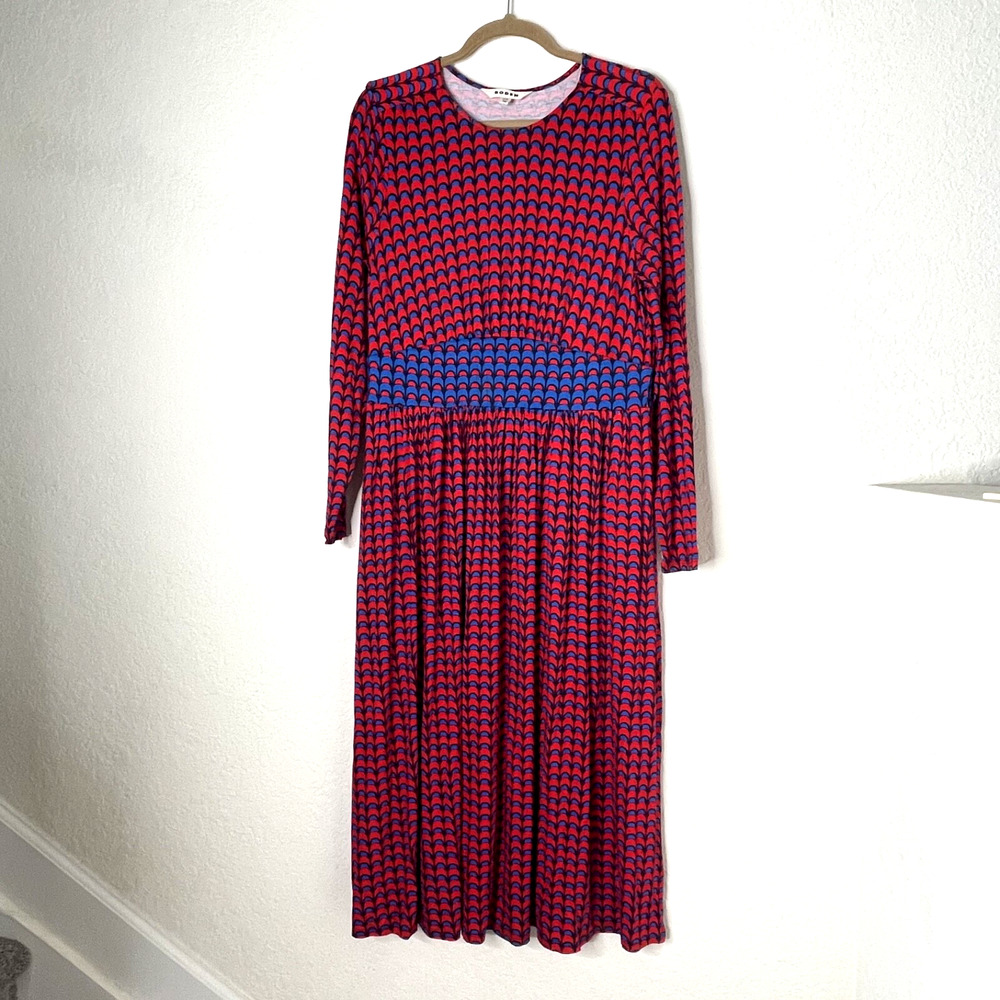 Boden Thea Long Sleeve Shell Print Midi Dress Size 12R Red Blue Black